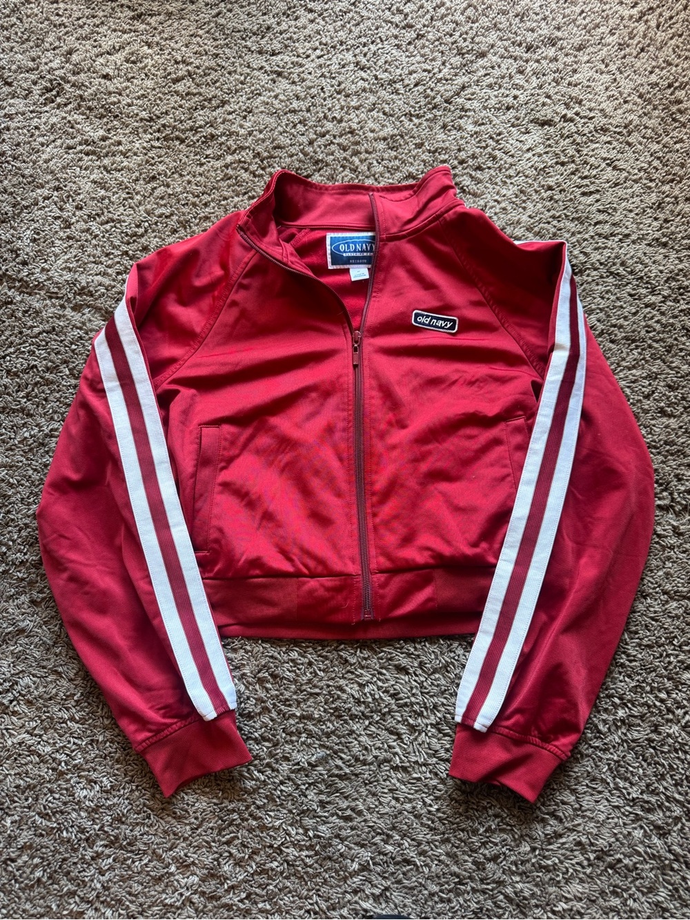 Old Navy Red Track Zip Jacket with White Sleeve Stripes